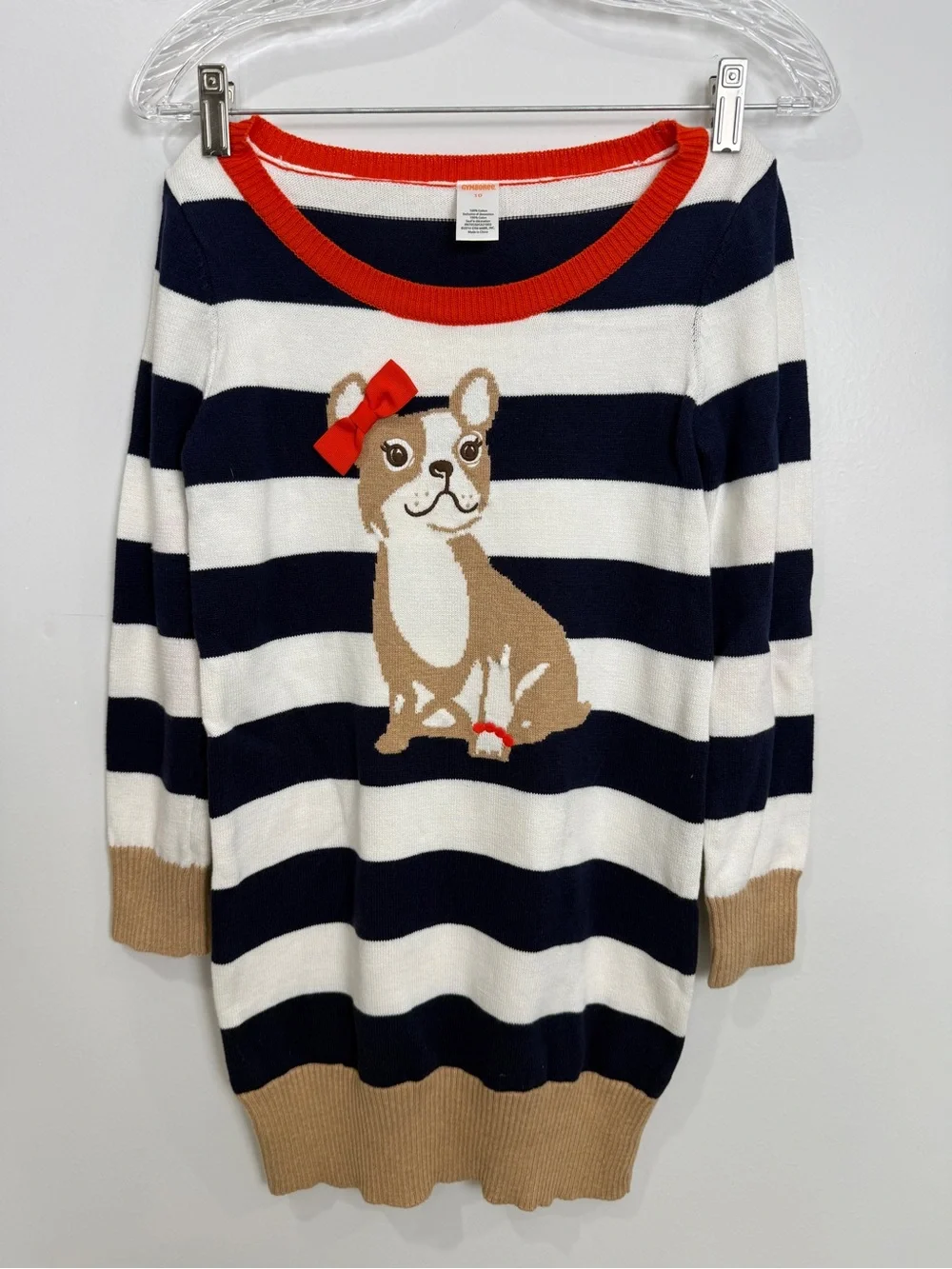 Gymboree Navy & White Striped Sweater with Dog Intarsia and Red Trim
